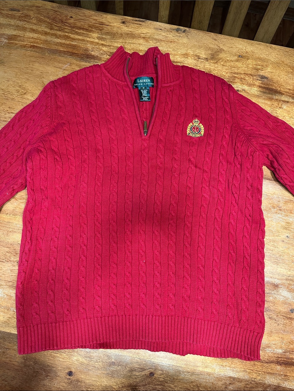 Ralph Lauren Red Cable-Knit Half-Zip Sweater with Embroidered Crest